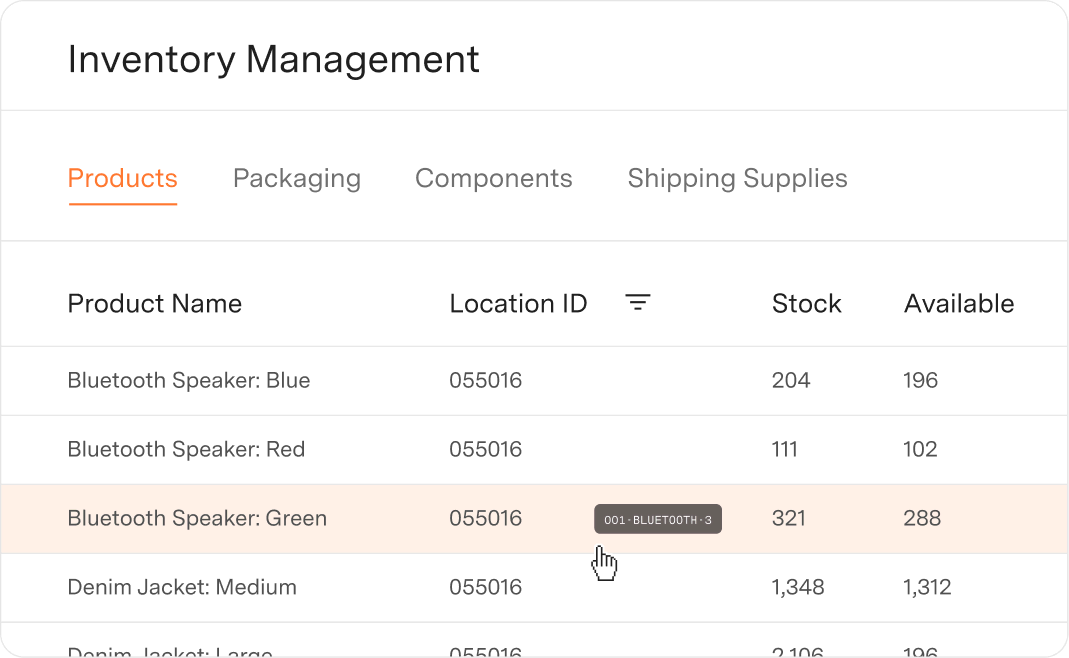 Inventory management table showing products including Bluetooth speakers in blue, red, and green with location ID 055016, stock, and available quantities.