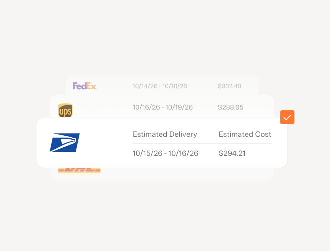 Shipping options comparison with FedEx, UPS, USPS, and DHL showing estimated delivery dates and costs; USPS is selected with delivery from 10/15/26 to 10/16/26 costing $294.21.