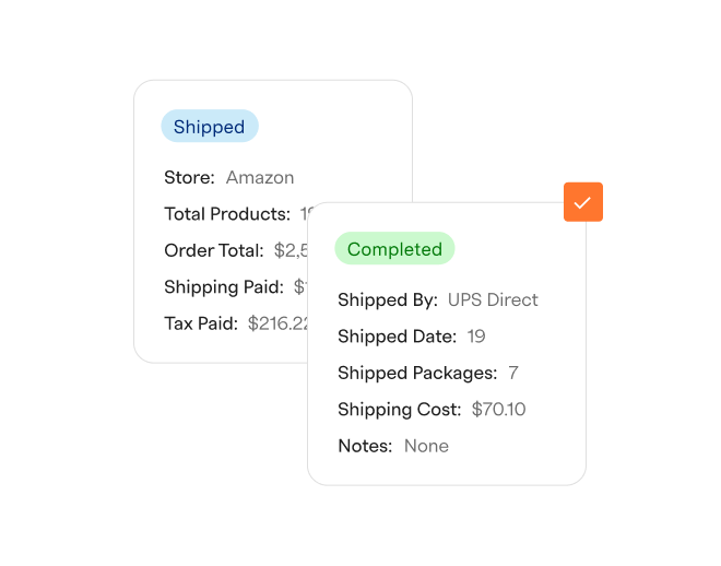 Two order status cards showing shipping details; one marked 'Shipped' for Amazon with product and payment details, the other marked 'Completed' with UPS Direct shipping info and notes.