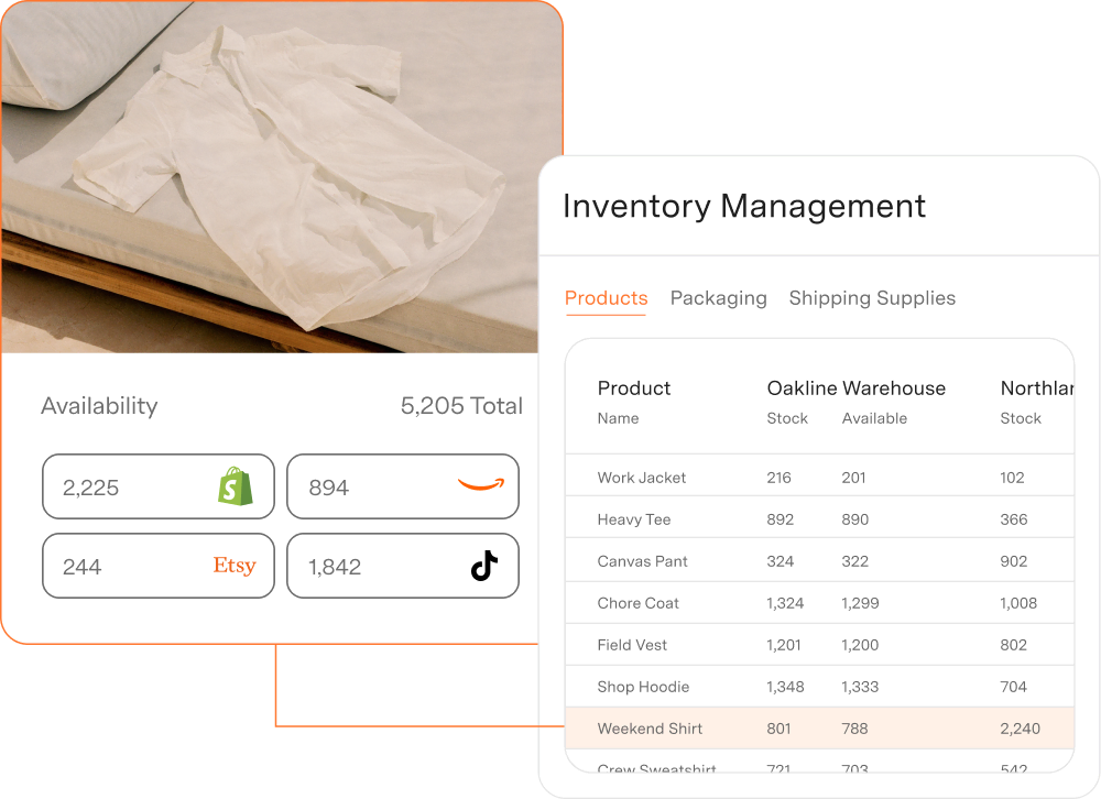 Inventory management table showing products including Bluetooth speakers in blue, red, and green with location ID 055016, stock, and available quantities.