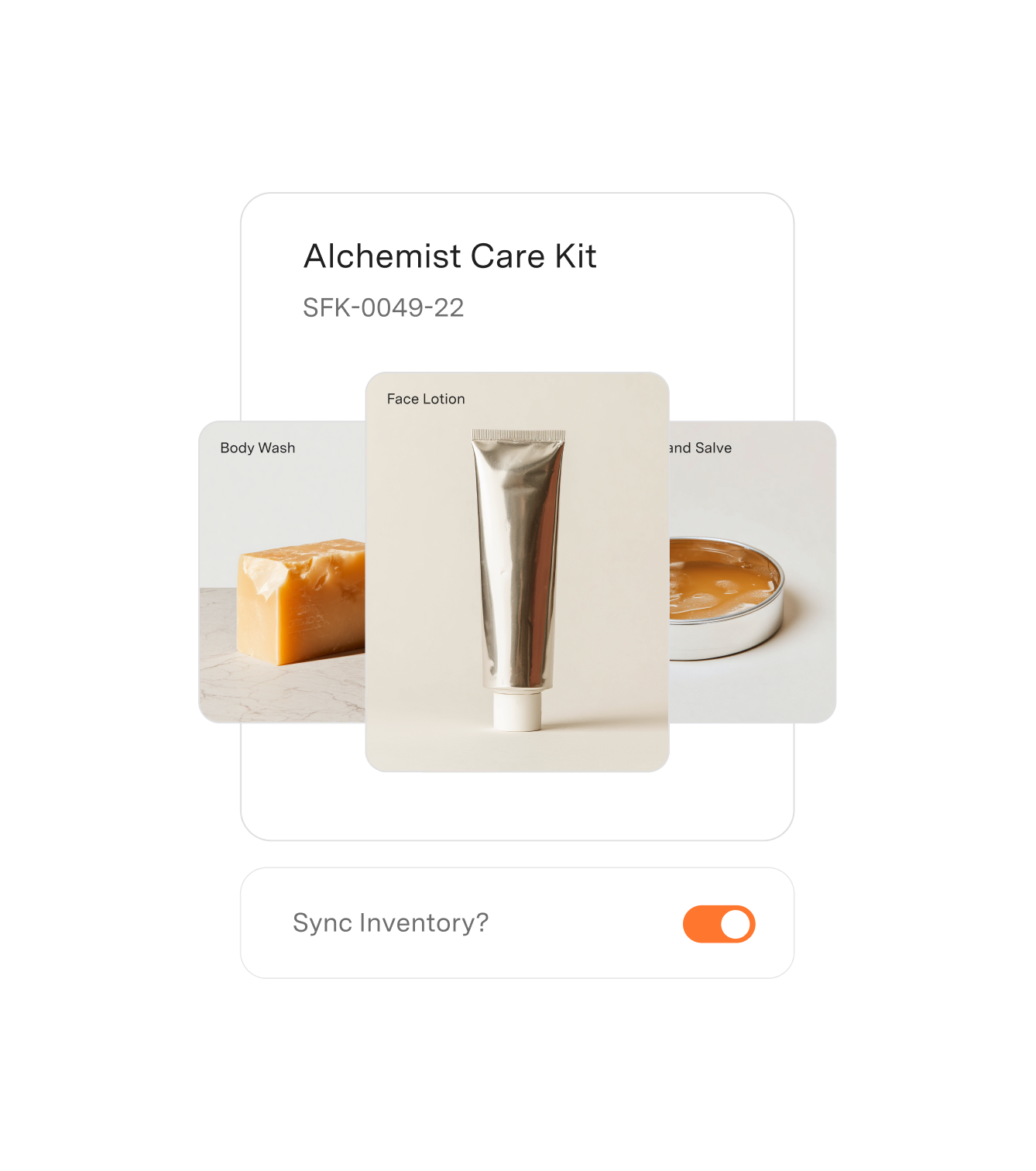 Product card for Alchemist Care Kit SFK-0049-22 featuring Body Wash soap bar, Face Lotion tube, and Hand Salve tin with a toggle switch for syncing inventory enabled.