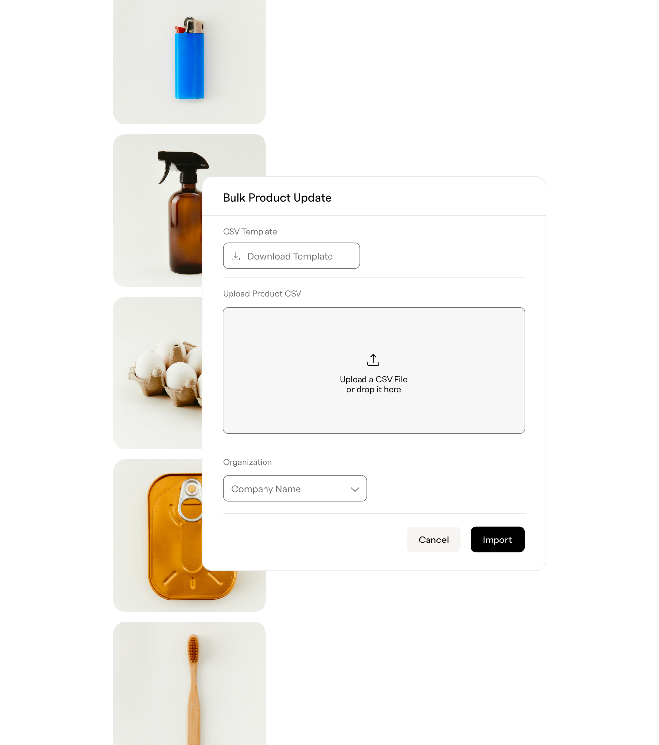Interface showing a bulk product update form with options to download a CSV template, upload a CSV file, select organization, and buttons to cancel or import.