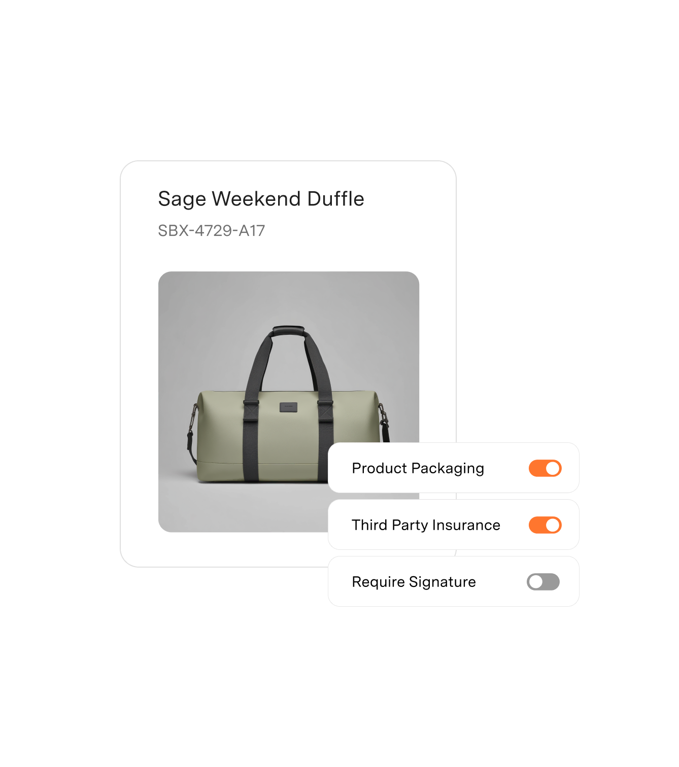 Sage Weekend Duffle bag with black handles and straps, alongside toggles for Product Packaging and Third Party Insurance enabled, and Require Signature disabled.
