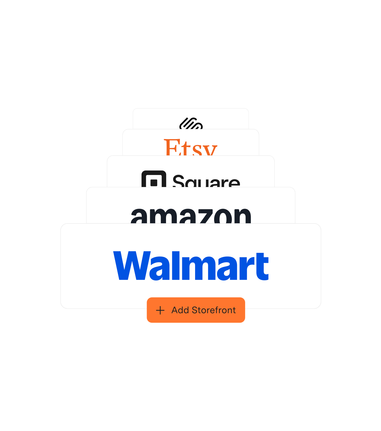 Stack of storefront cards showing logos for Squarespace, Etsy, Square, Amazon, and Walmart with an Add Storefront button below.