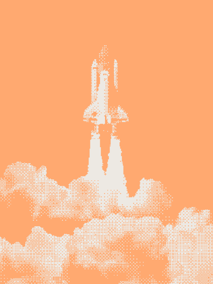 Pixel art style image of a space shuttle launching with smoke and bright orange background.