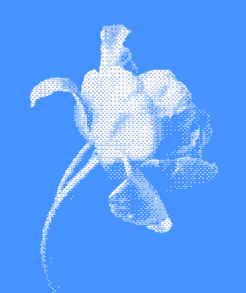 Pixelated close-up of a delicate flower with petals and a long slender stem on a blue background.