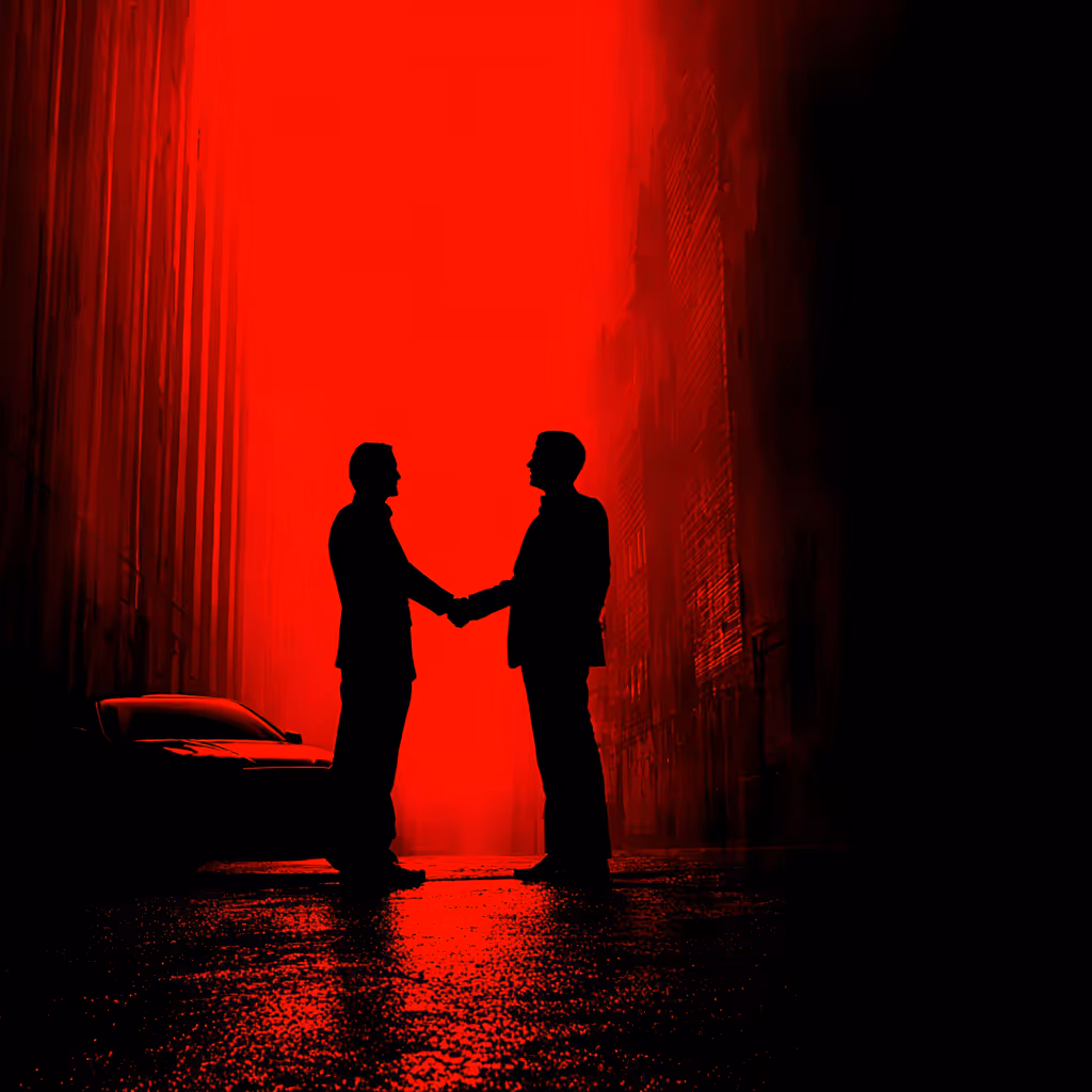 Silhouettes of two men shaking hands in a dark alley illuminated by intense red light.