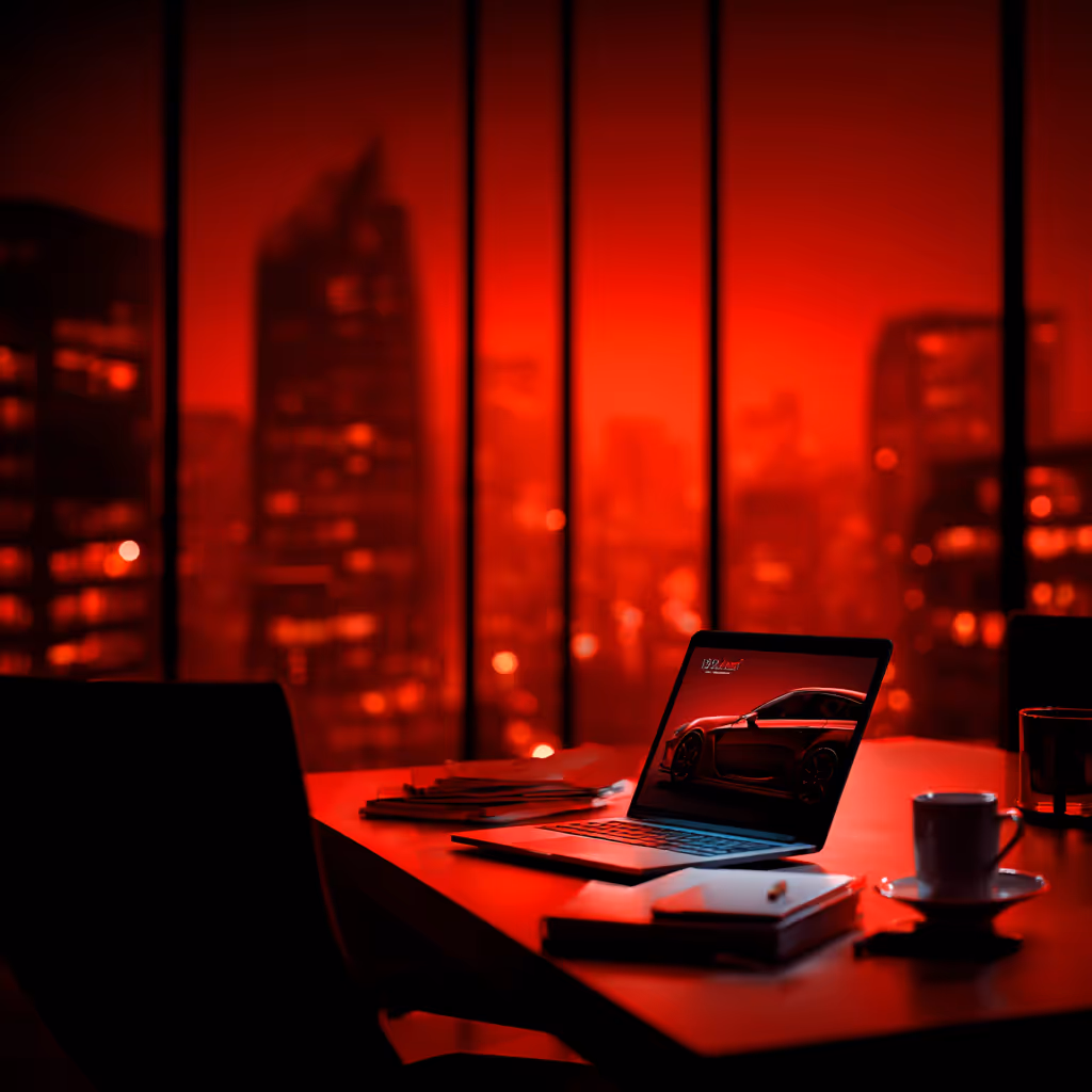 Laptop on desk displaying a red sports car wallpaper, with city skyline visible through large windows tinted red.