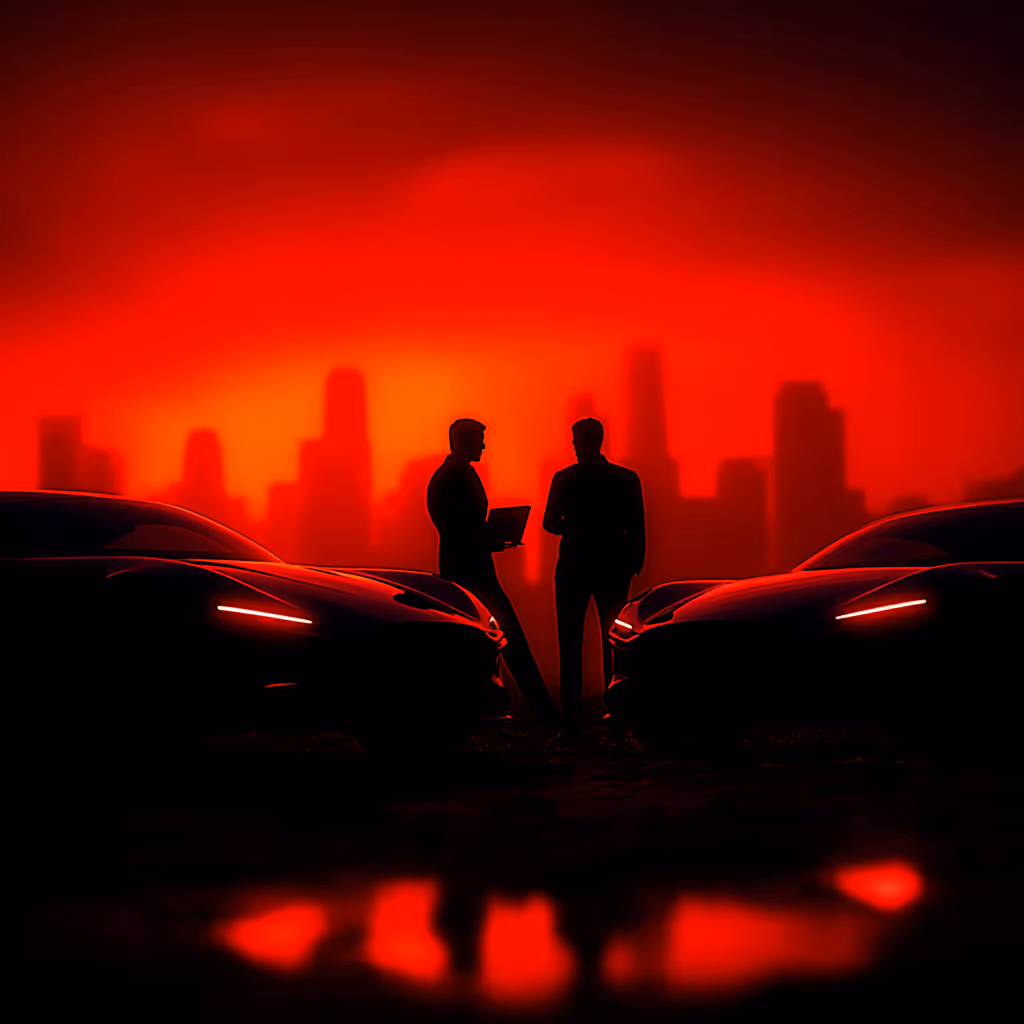 Silhouettes of two men standing between two sleek cars with a glowing red city skyline in the background.