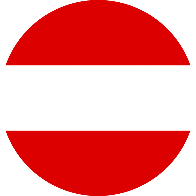 Kreisförmige Darstellung der österreichischen Flagge mit zwei roten horizontalen Streifen oben und unten und einem weißen Streifen in der Mitte.