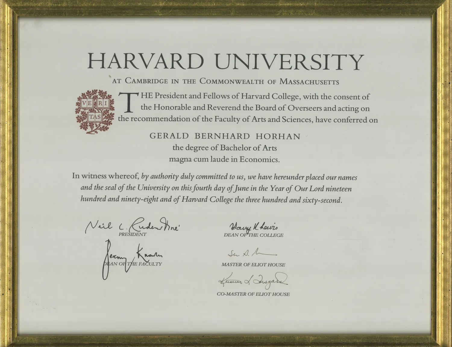 Harvard University diploma awarded to Gerald Bernhard Horhan for Bachelor of Arts magna cum laude in Economics, dated June 4, 1998, with signatures of university officials.