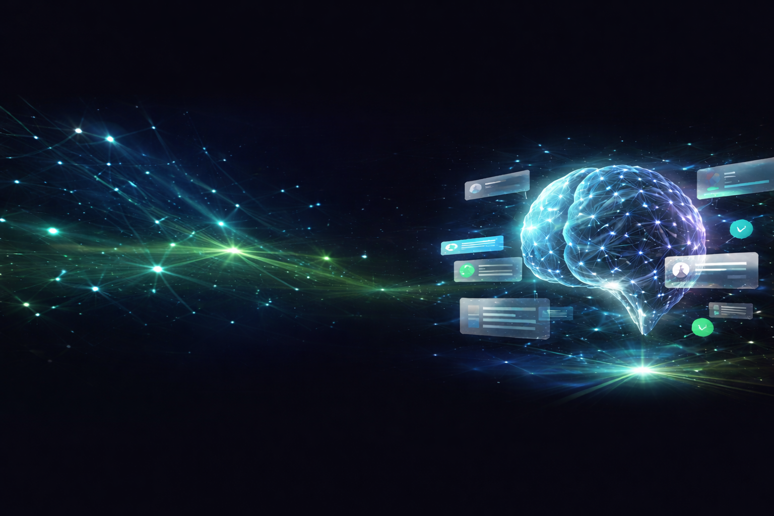 Glowing digital brain network with floating communication and data icons on a dark background.