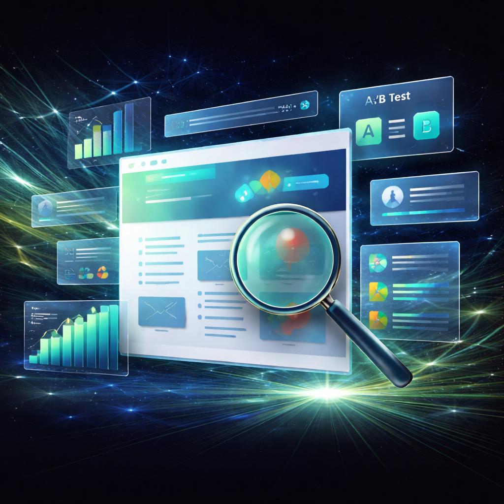 Magnifying glass focusing on a digital interface with charts, graphs, and A/B test elements floating in a futuristic data visualization.