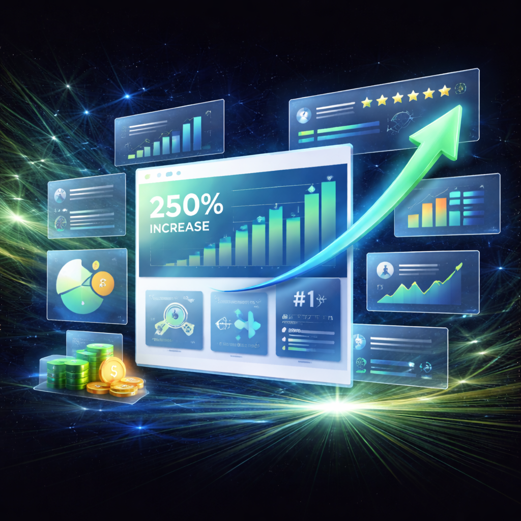 Digital interface showing a 250% increase with upward trending graphs, charts, star ratings, and growing stacks of coins, symbolizing financial growth and performance improvement.