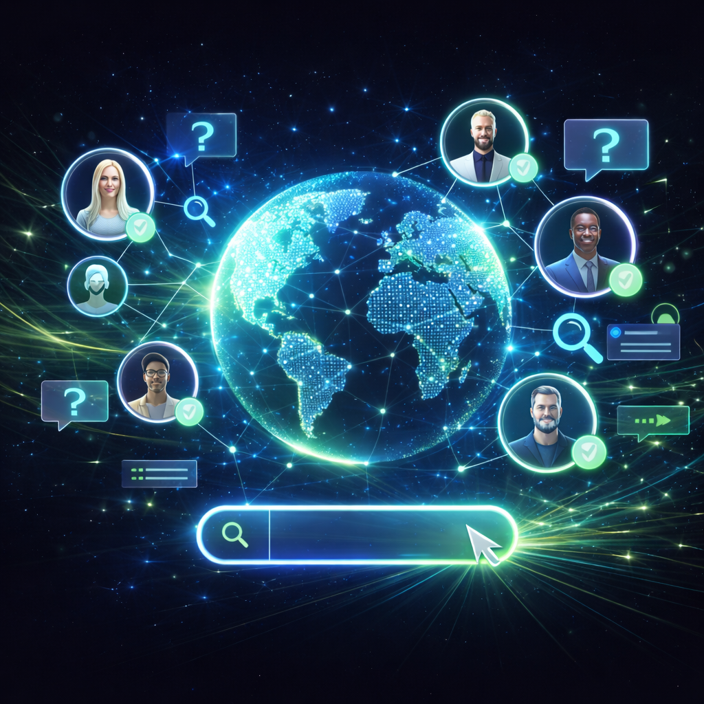 Digital globe surrounded by diverse profile pictures connected through a network, with search icons and a search bar cursor.
