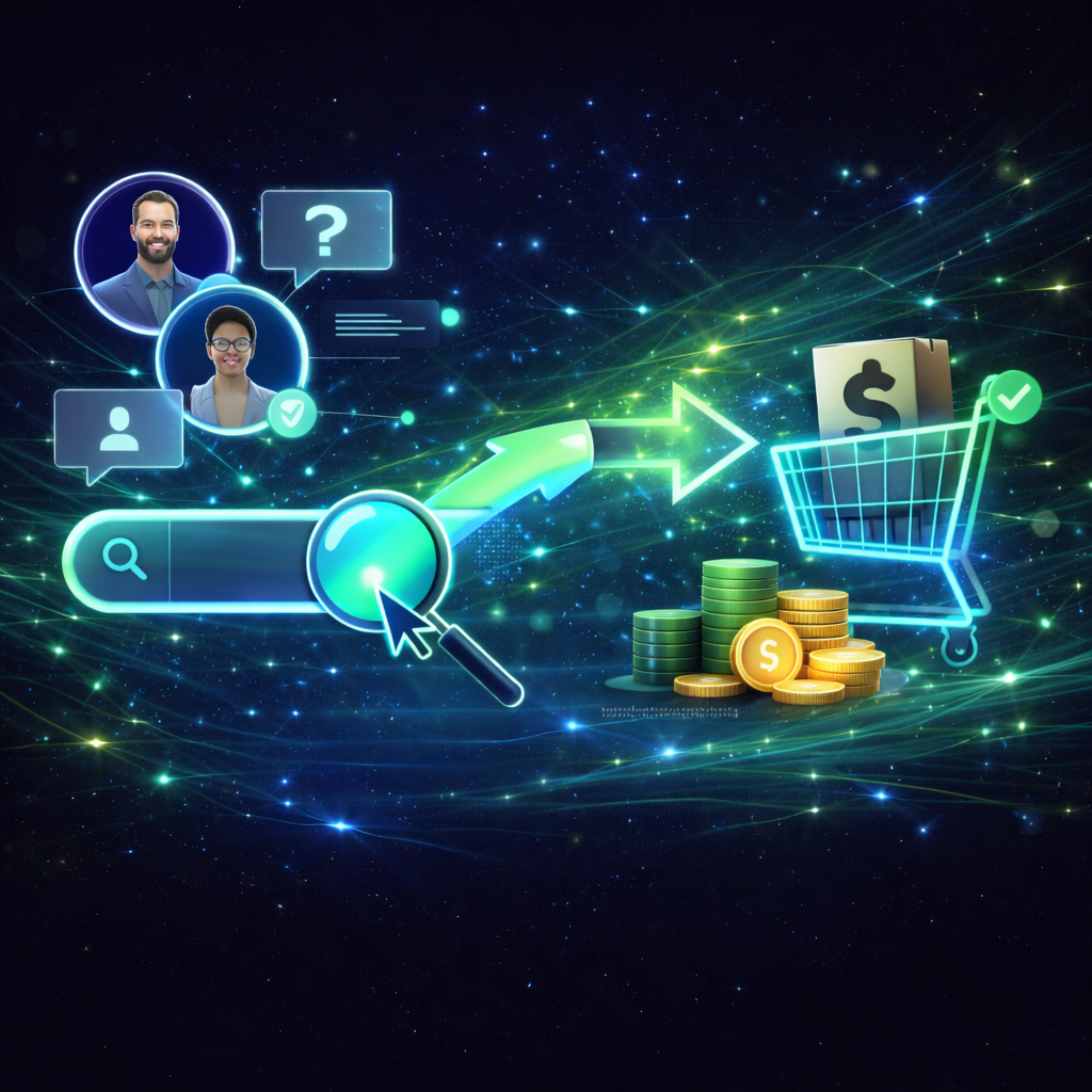 Digital illustration showing a search bar with magnifying glass icon, user profile icons with chat bubbles, an arrow pointing right towards a shopping cart with a dollar box and stacked gold and green coins, symbolizing online shopping and user interaction.