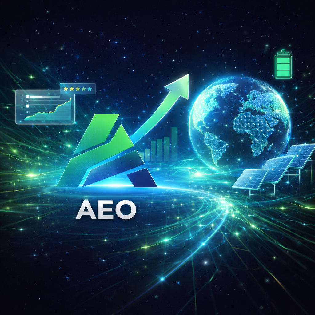 Digital graphic featuring a stylized green AEO logo with an upward arrow, a glowing Earth with network connections, solar panels, a battery icon, and a line chart with star ratings on a dark starry background.