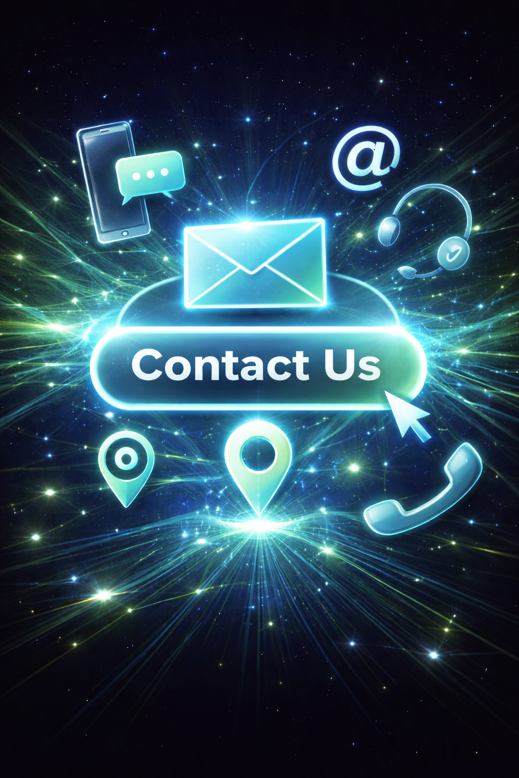Glowing digital icons including email envelope, phone, headset, location pins, smartphone with chat bubble, and an '@' symbol surrounding a luminous 'Contact Us' button against a starry background.