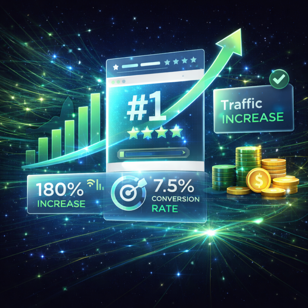 Digital graphic showing a rising green arrow over a bar chart with a #1 rating, indicating 180% increase and 7.5% conversion rate with stacked gold and green coins, and a label for traffic increase.