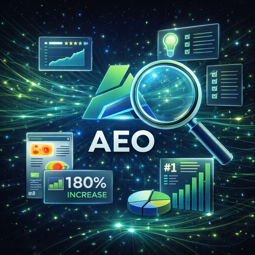 Digital illustration of magnifying glass over AEO logo surrounded by glowing graphs, charts, and data analytics symbols.