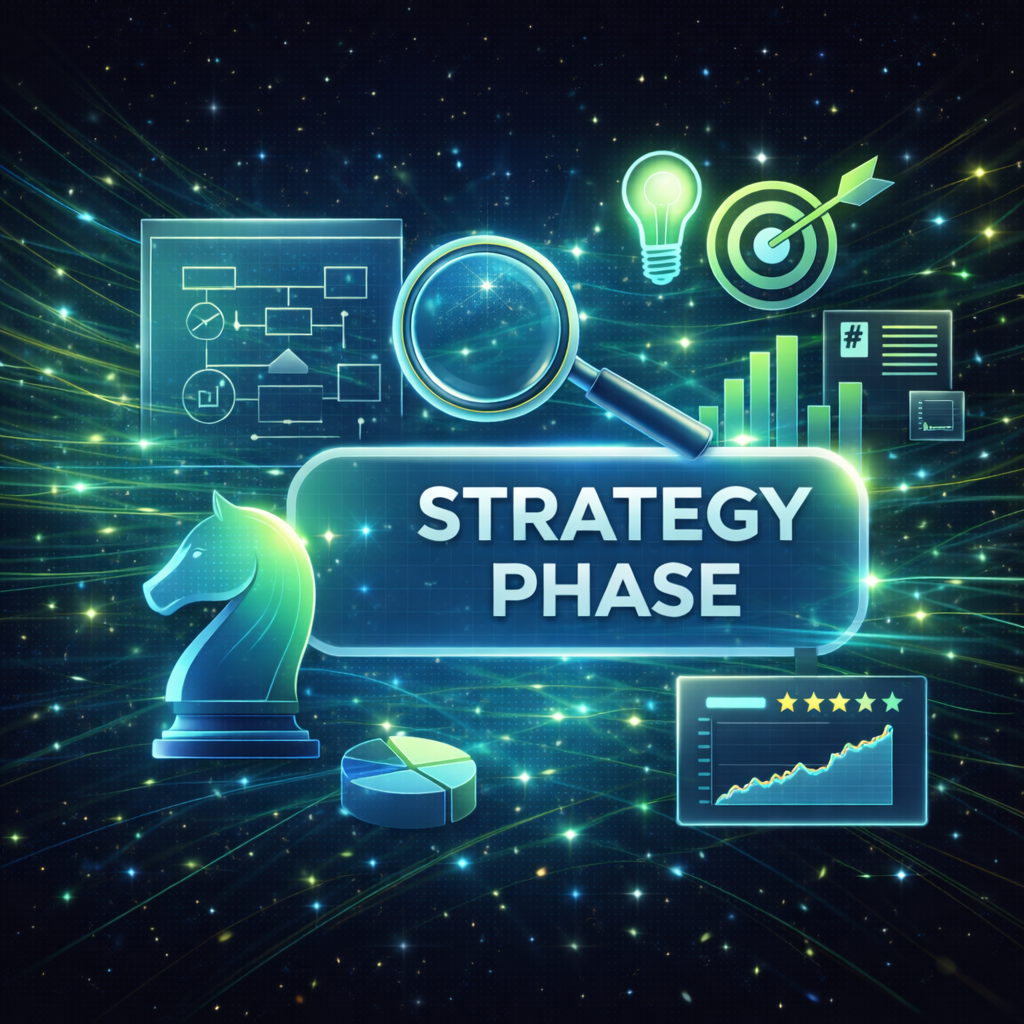 Digital illustration of a glowing magnifying glass over a sign reading 'Strategy Phase' surrounded by icons of a chess knight, pie chart, light bulb, target with arrow, flow chart, and rising graph with star ratings.