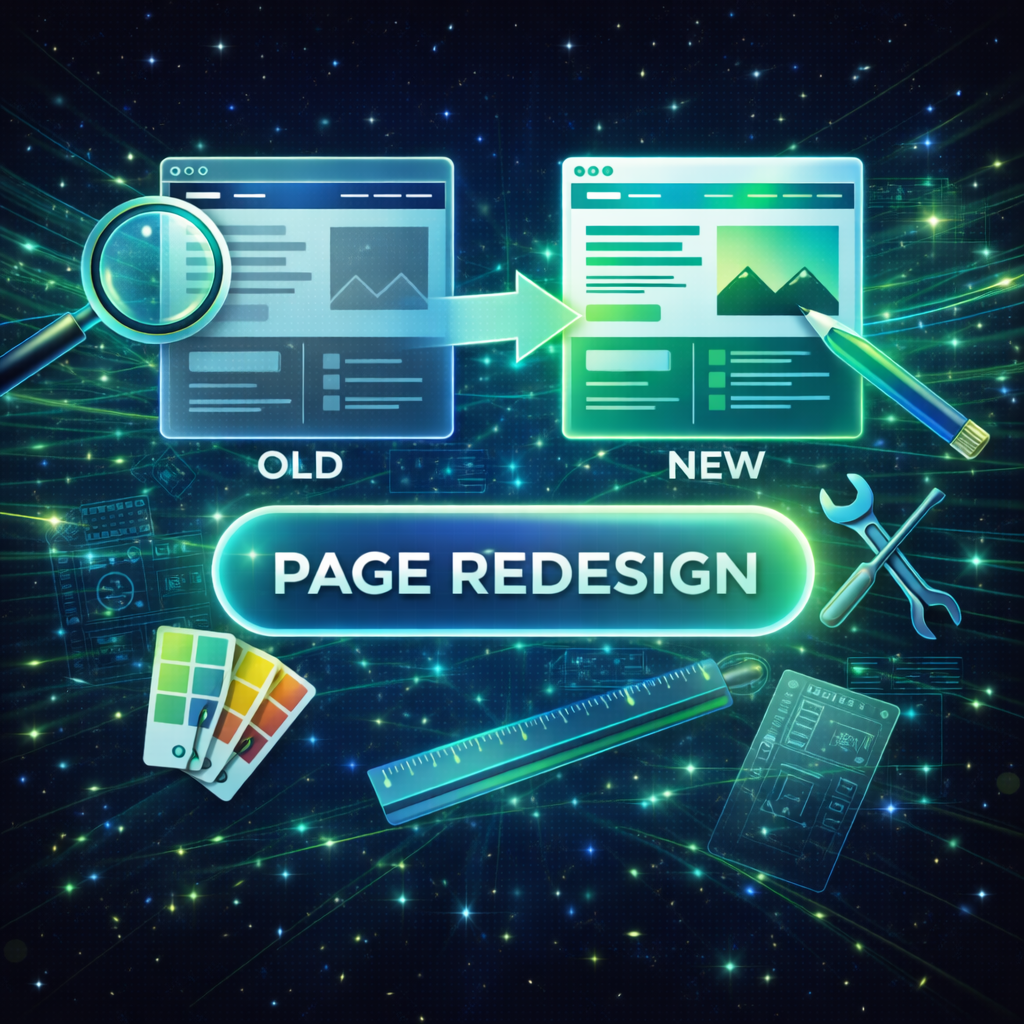 Illustration showing a webpage redesign process from old dark-themed layout to a new bright-themed layout with design tools around.