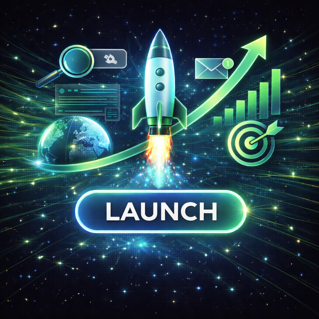 Illustration of a rocket launching with a green upward arrow, a globe, a magnifying glass, a message icon, and a target symbol representing growth and success.