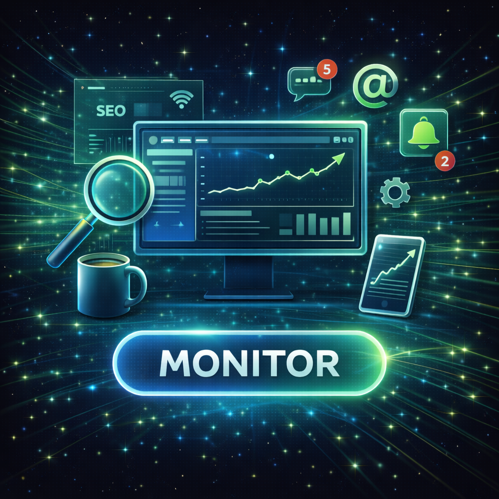 Digital monitor screen showing rising graph and analytics surrounded by icons for SEO, messaging, notifications, magnifying glass, coffee cup, and smartphone, with the word MONITOR below.