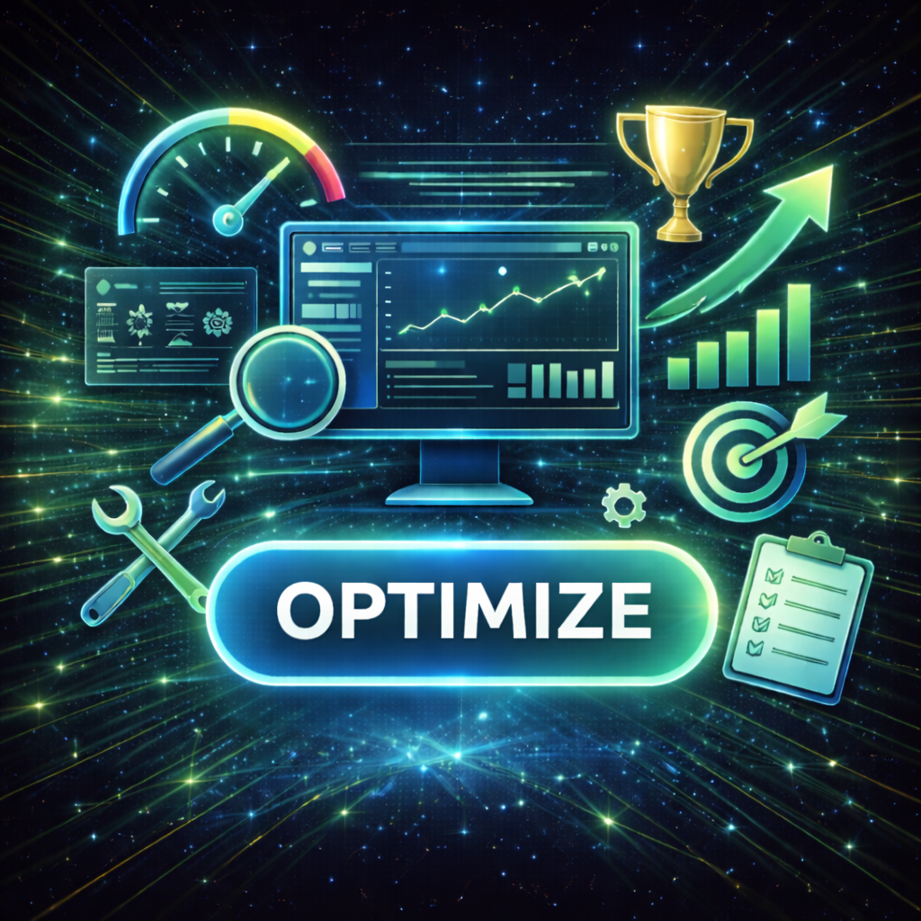 Digital interface with graphs, speedometer, magnifying glass, tools, trophy, target, and clipboard icons surrounding a glowing button labeled OPTIMIZE.