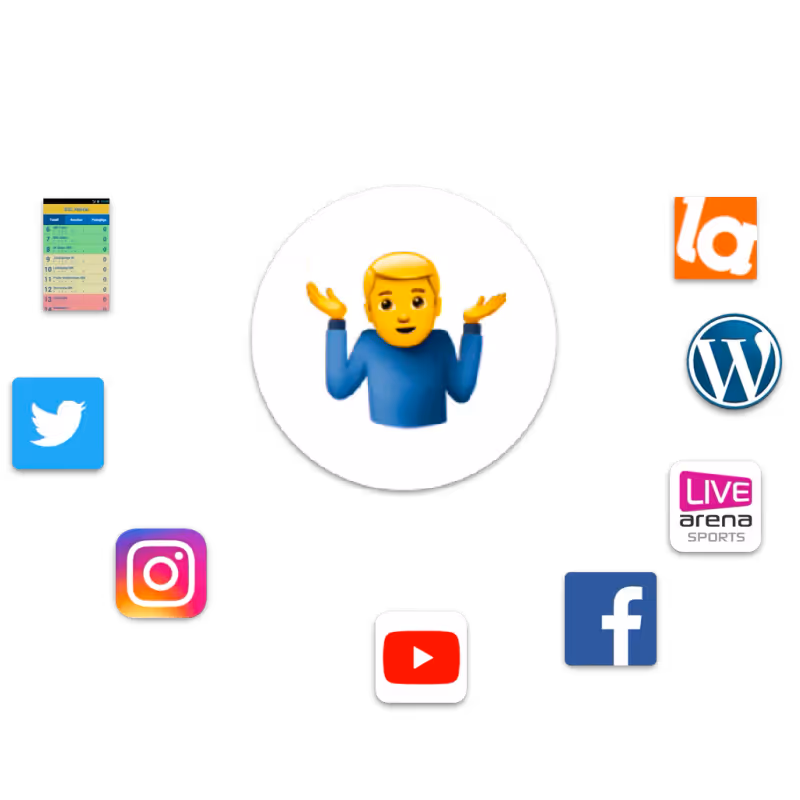 Illustration of a person shrugging surrounded by social media and content platform logos including Twitter, Instagram, YouTube, Facebook, WordPress, Live Arena Sports, laget.se and a small scoreboard.