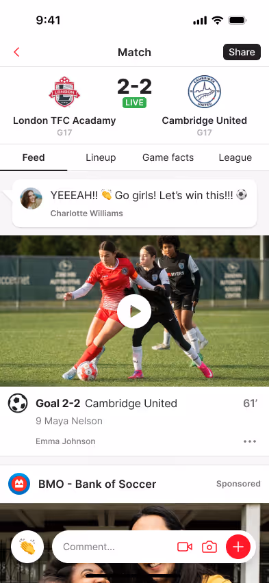 Women's soccer match between London TFC Academy and Cambridge United, players competing for the ball on the field.