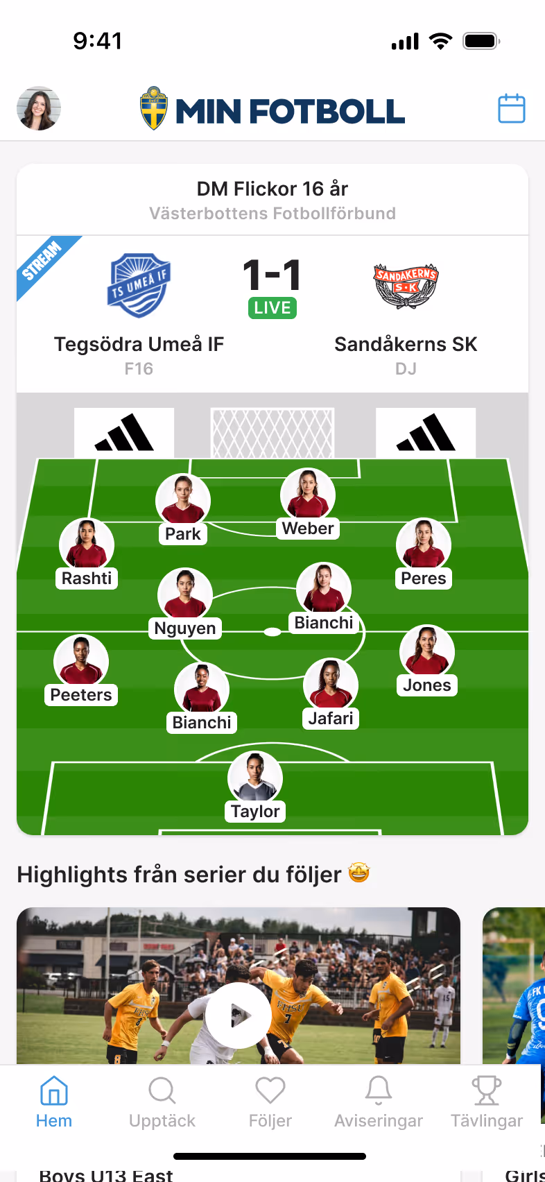 Live soccer match between Tegsödra Umeå IF and Sandåkerns SK with 1-1 score and player formation on field.