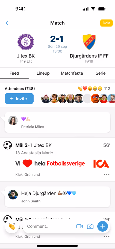 Mobile app screen showing a football match scoreboard with Jitex BK leading 2-1 against Djurgårdens IF FF, match date and time, attendee count with avatars, fan comments, and match updates.