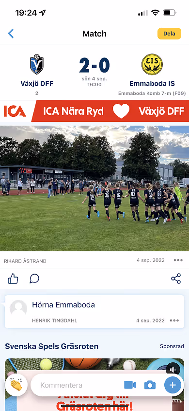 Mobile screen showing Växjö DFF winning 2-0 against Emmaboda IS in a soccer match dated September 4, 2022, with players running on a green field.