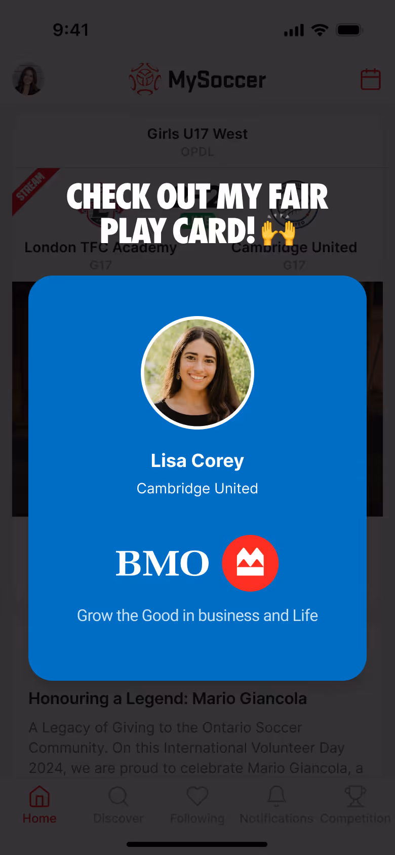 Mobile app screen showing a Fair Play card for Lisa Corey from Cambridge United with BMO logo and the slogan 'Grow the Good in business and Life'.