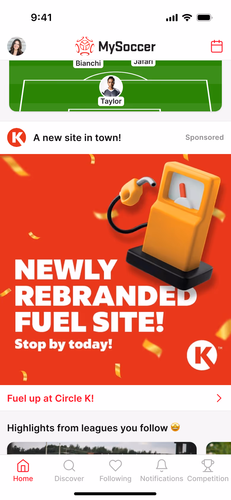 Advertisement banner for Circle K’s newly rebranded fuel site with an orange fuel pump illustration on a red background.