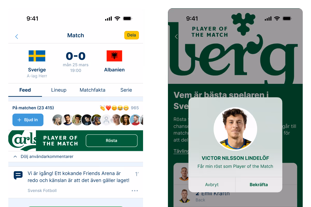 Sweden versus Albania soccer match app screen showing score 0-0, voting section for Player of the Match sponsored by Carlsberg, and a confirmation popup for voting Victor Nilsson Lindelöf.