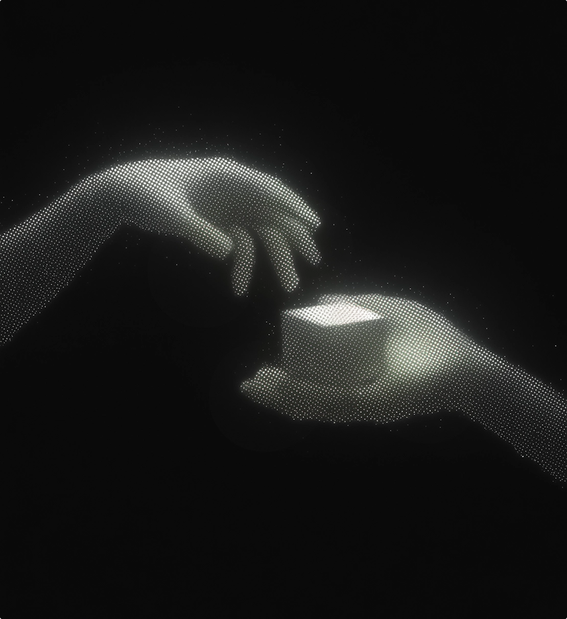 Adam and Eve depicted in a lush garden, reaching towards each other, symbolizing the creation of humanity.