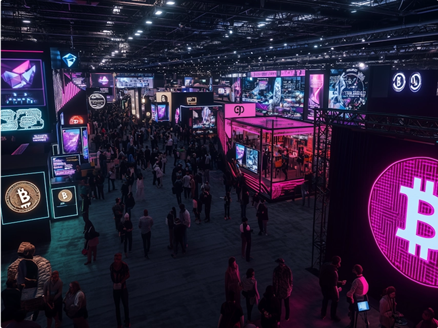 A large crowd of people gathered in a convention center, engaged in various activities and conversations.