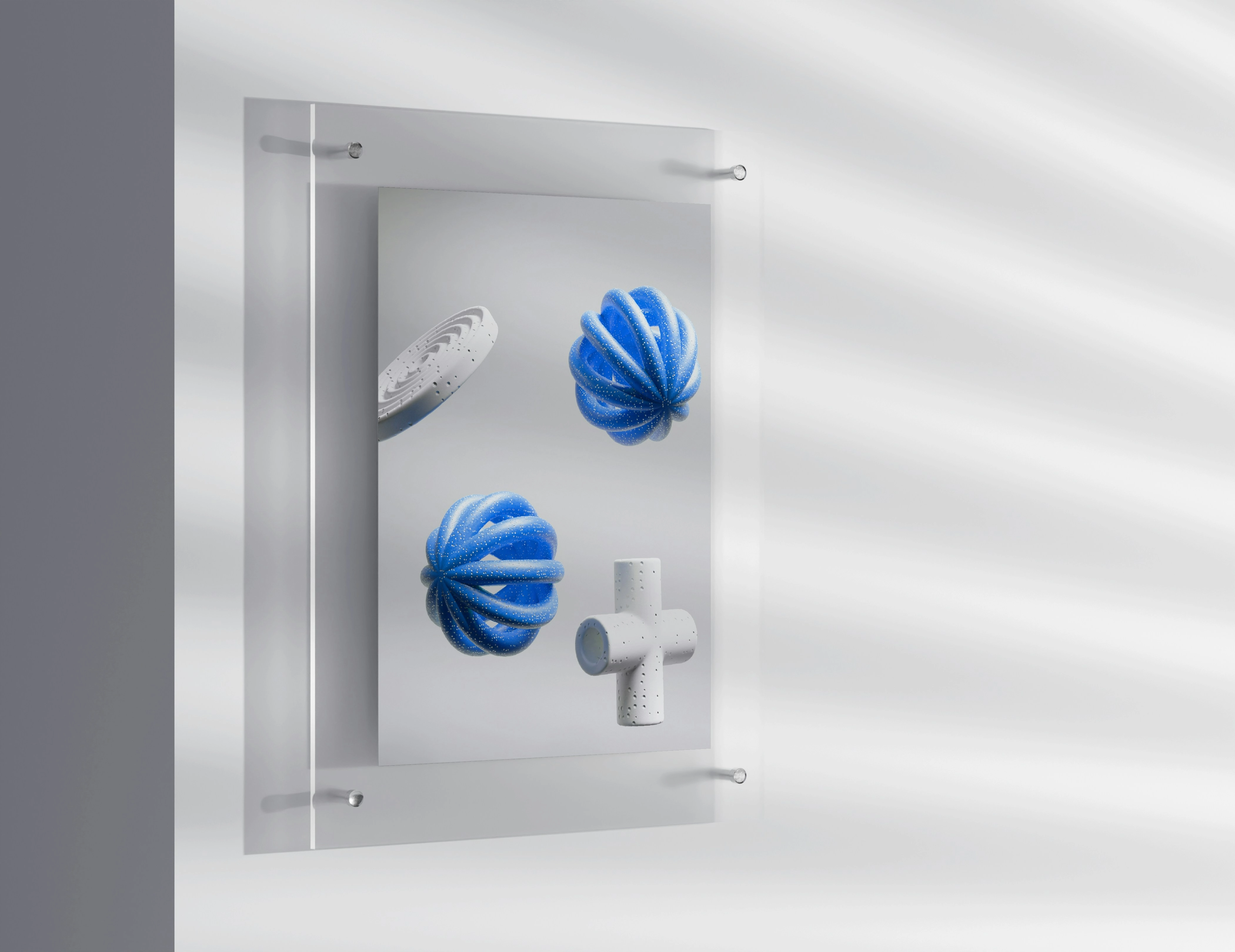 A glass wall adorned with blue and white balls, creating a visually striking and colorful display.