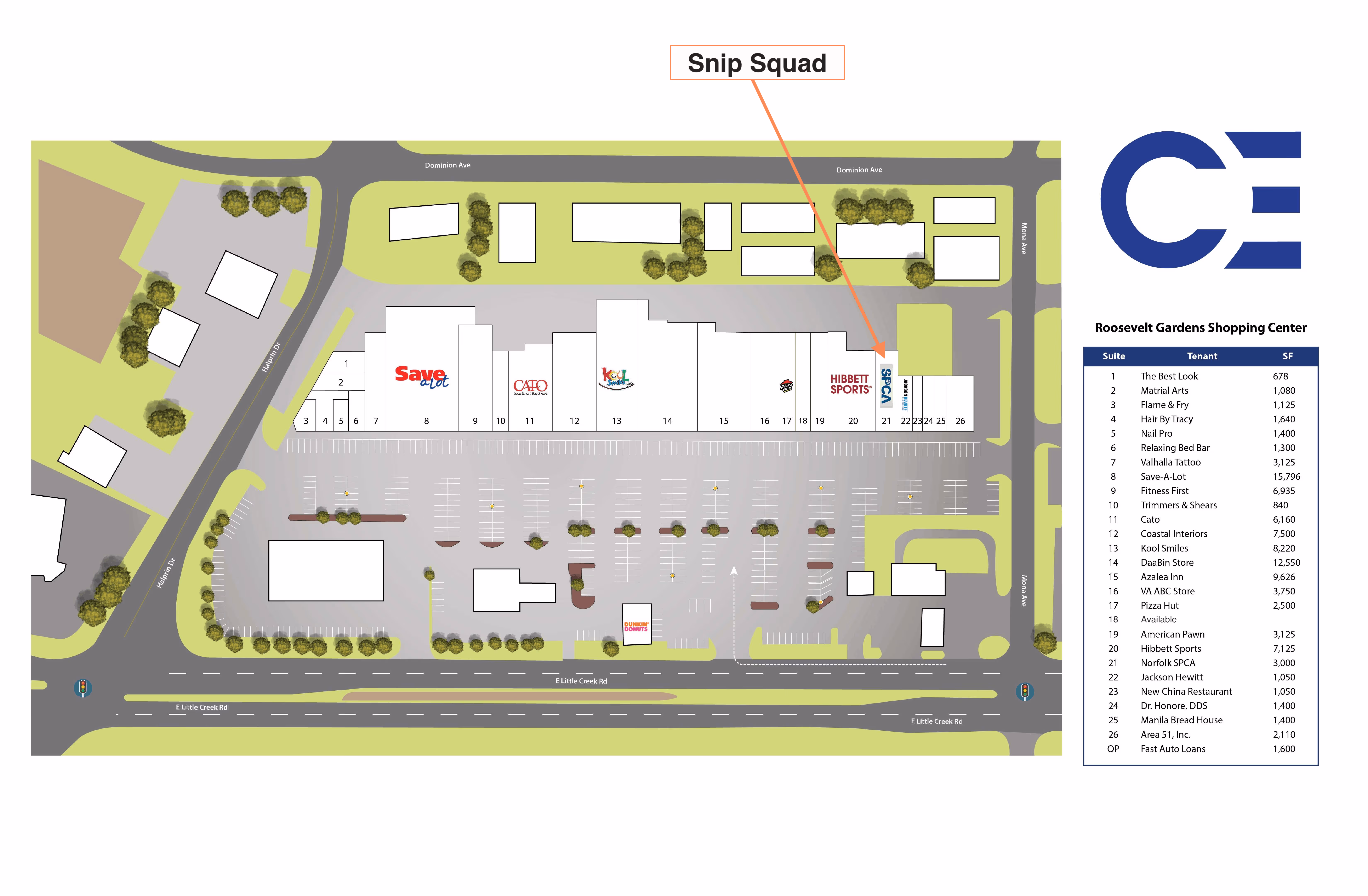 Mall directory map showing Snip Squad located near Hibbett Sports