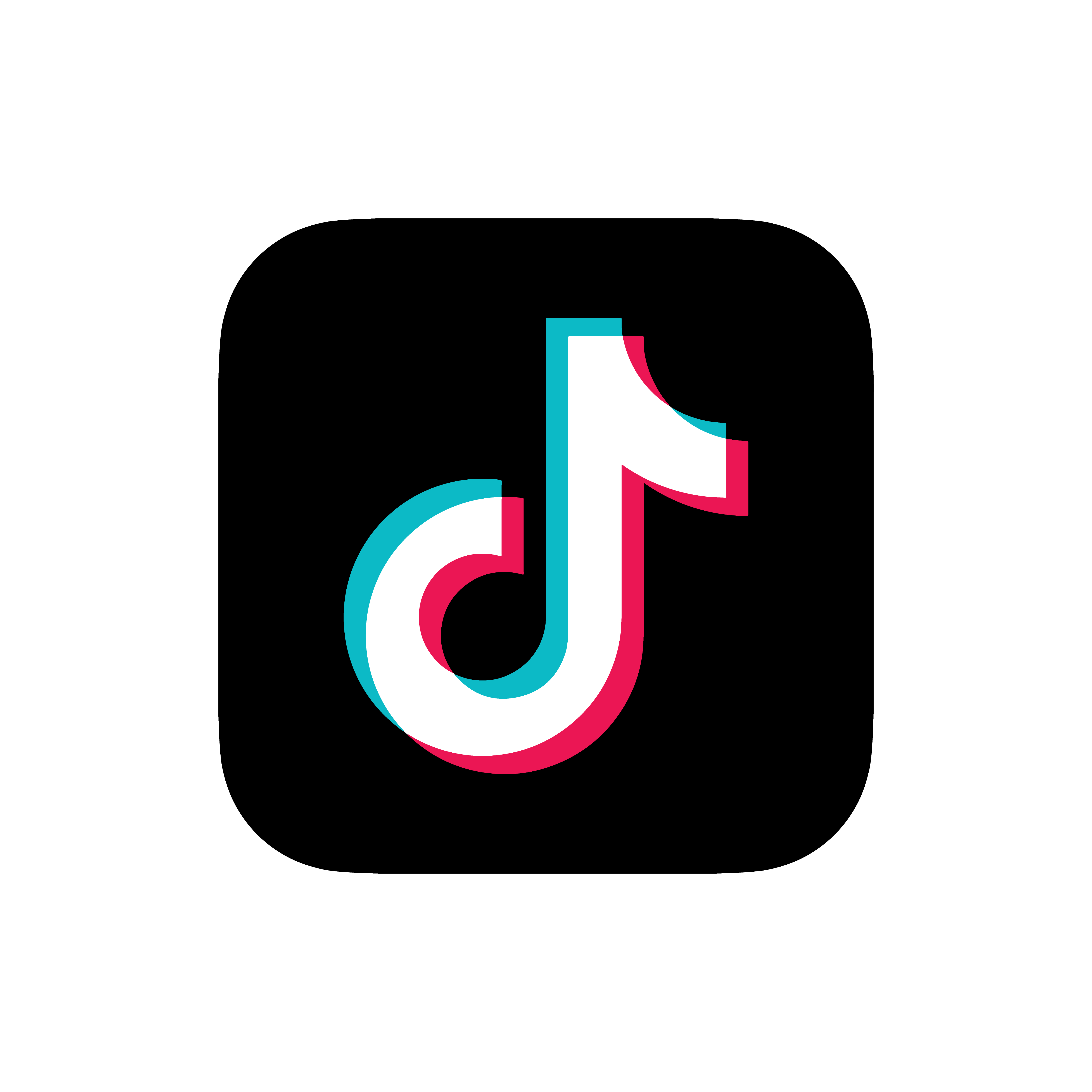 TikTok app logo with stylized white musical note and red and cyan shadows on a black background.