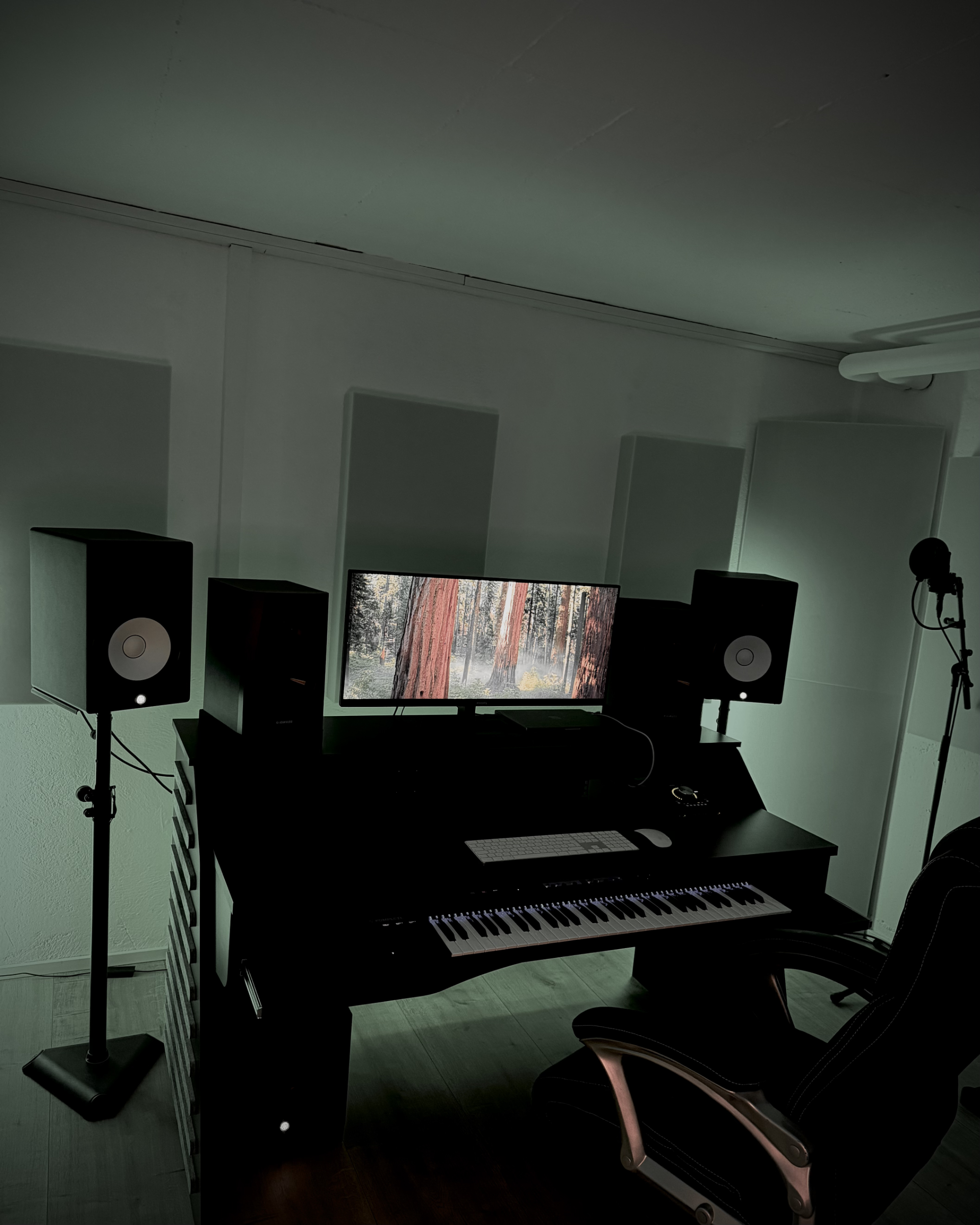 Modern music production studio with a widescreen monitor displaying a forest image, a keyboard, two large studio speakers on stands, and a microphone on a stand.