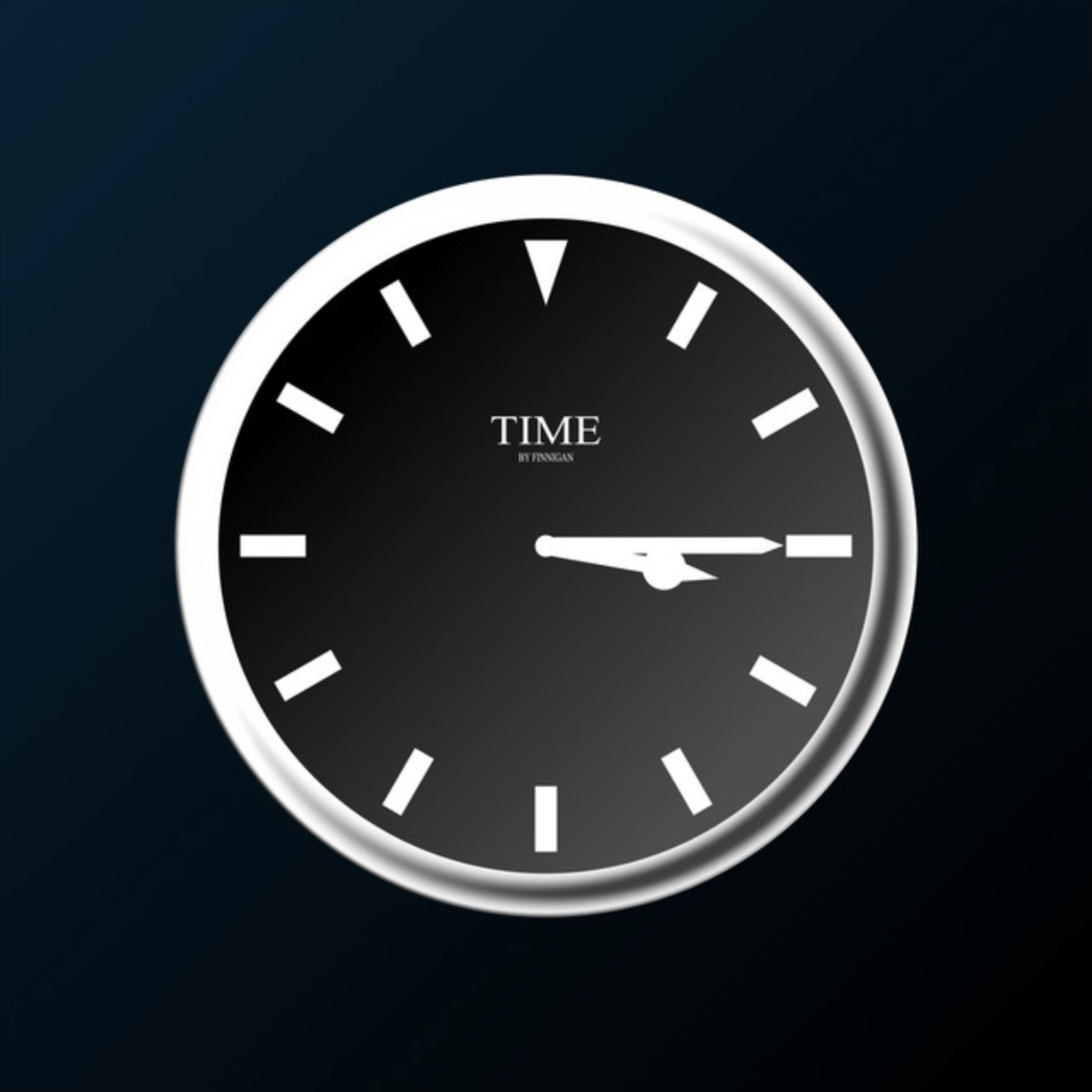 Black and white clock face with bold markers shows the time as 3:15 on dark background.