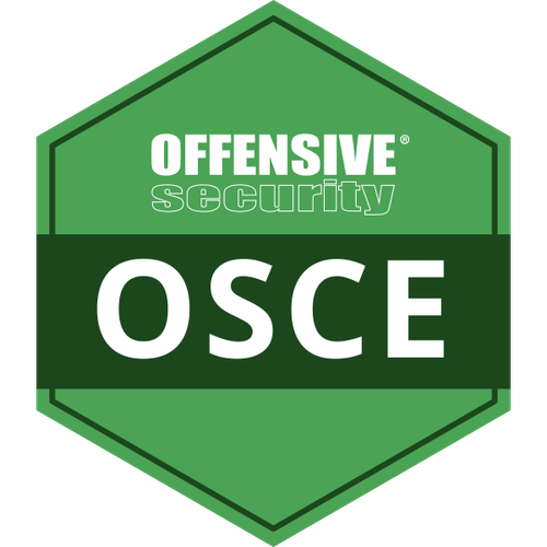 Green hexagonal badge with the text Offensive Security OSCE in white letters.