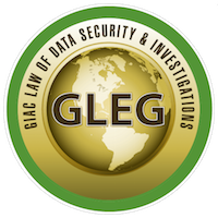 Gold and green circular seal with globe and text reading 'GLEG Law of Data Security & Investigations.'