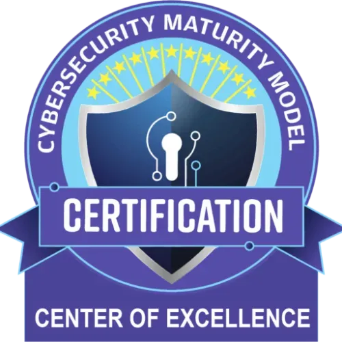 Cybersecurity Maturity Model Certification Center of Excellence badge with a shield and keyhole symbol.