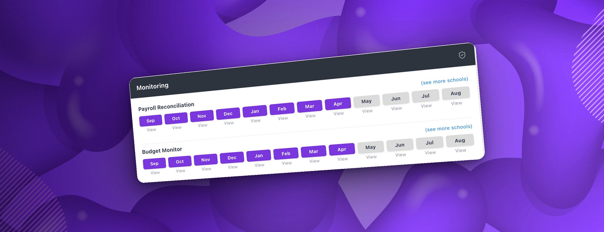 The monthly monitoring tracker showing payroll reconciliation and budget monitor submissions by month