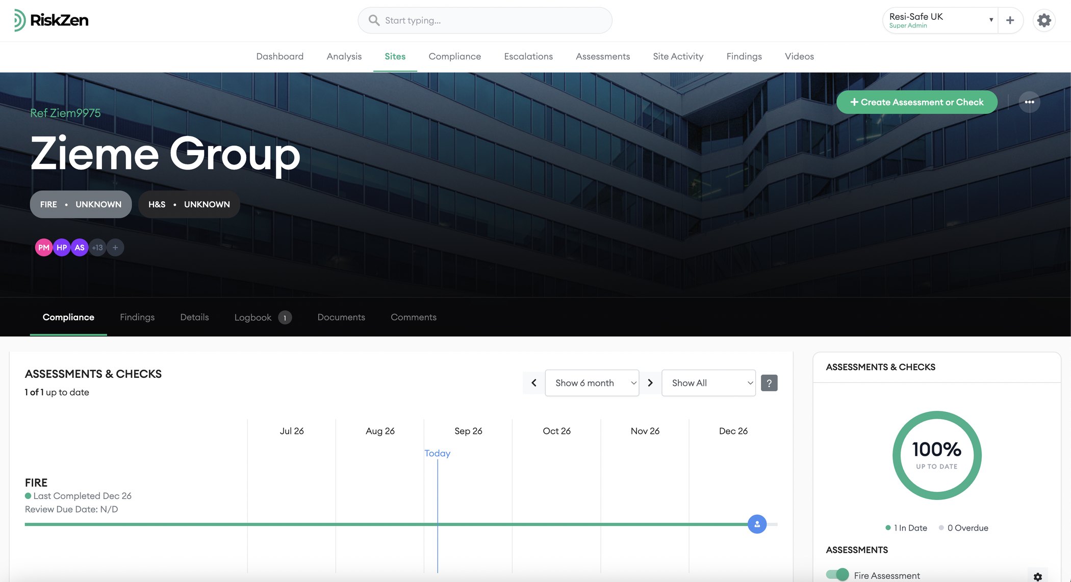 RiskZen site compliance view showing assessments and checks on a timeline with up-to-date status