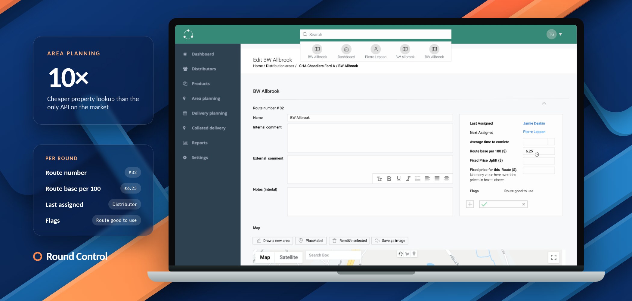 Round Control admin platform area planning screen on a laptop with route pricing and assignment details